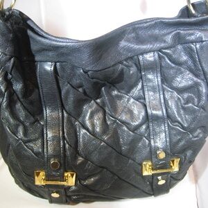 Treesje Black Leather Hobo Bag with Gold Accents